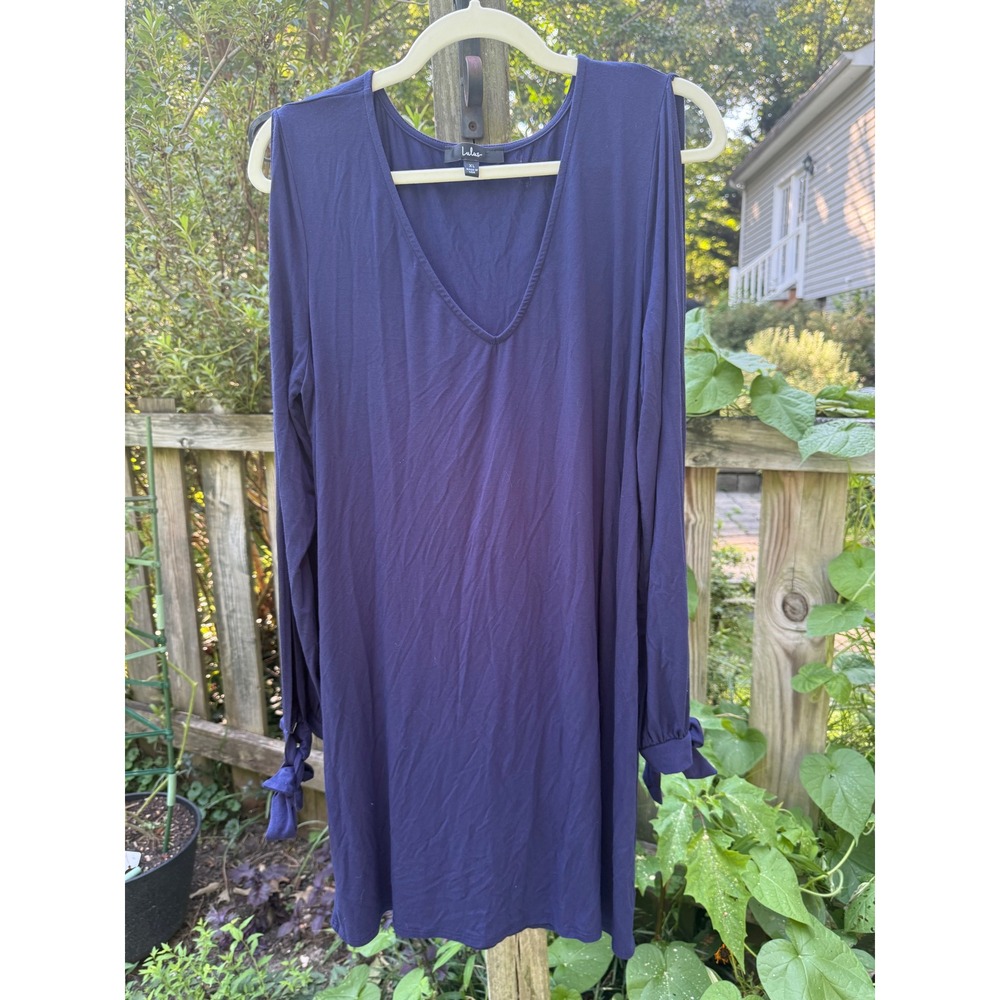 Lulus Navy Blue Cold Shoulder Tie Cuff V-Neck Tunic Dress Womens XL Made in USA